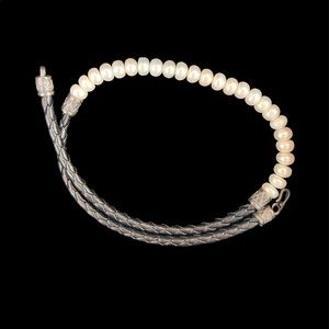 16” Freshwater Pearl , Silver & Leather Necklace - New